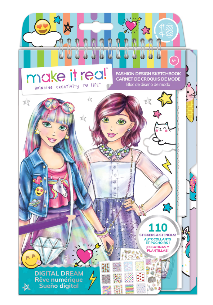 Make It Real Digital Dream Fashion Design Sketchbook for ages 6 and up with 110 stickers and stencils