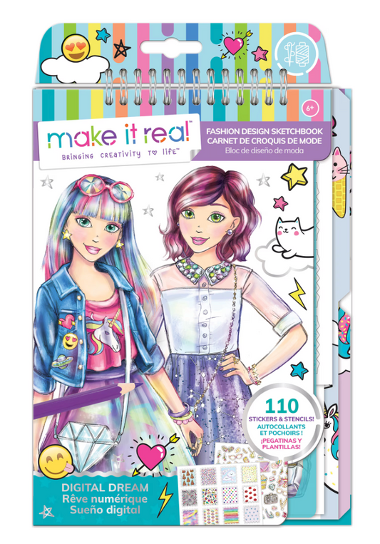 Make It Real Digital Dream Fashion Design Sketchbook for ages 6 and up with 110 stickers and stencils