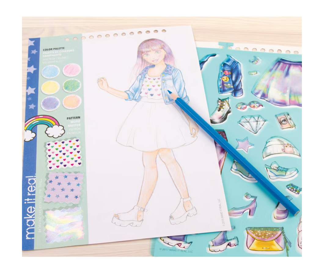 Make It Real fashion design sketchbook page with fashion illustration, drawing activity and clothing accessory stencil