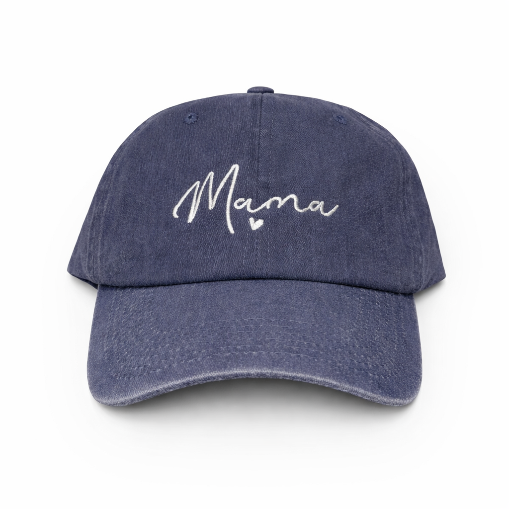 Navy blue cap with 'Mama' embroidered on a white background
