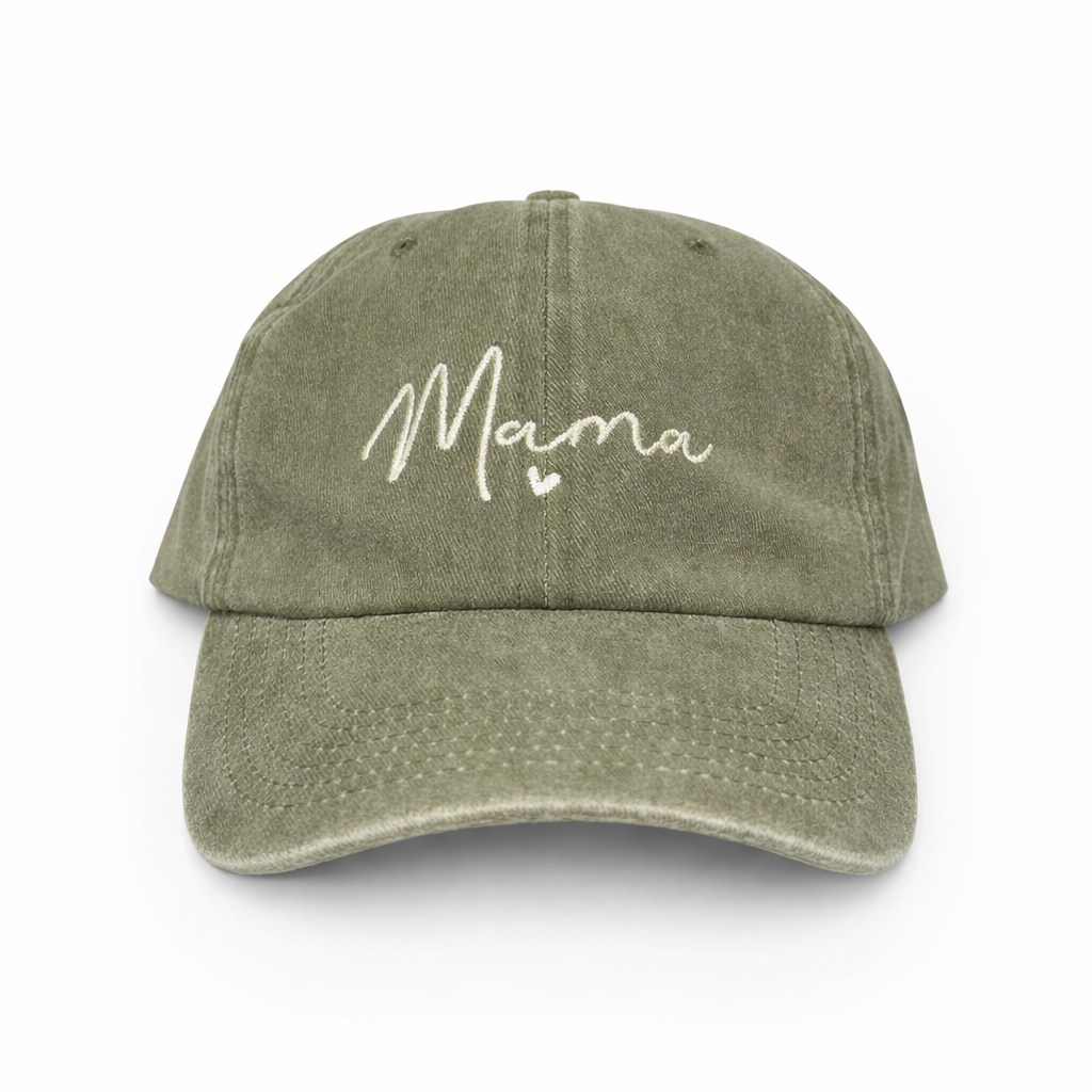 Olive green cap with 'Mama' embroidered on a white background
