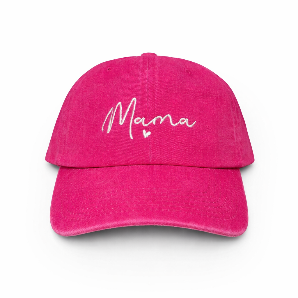 Pink cap with 'Mama' and a heart embroidered on a white background