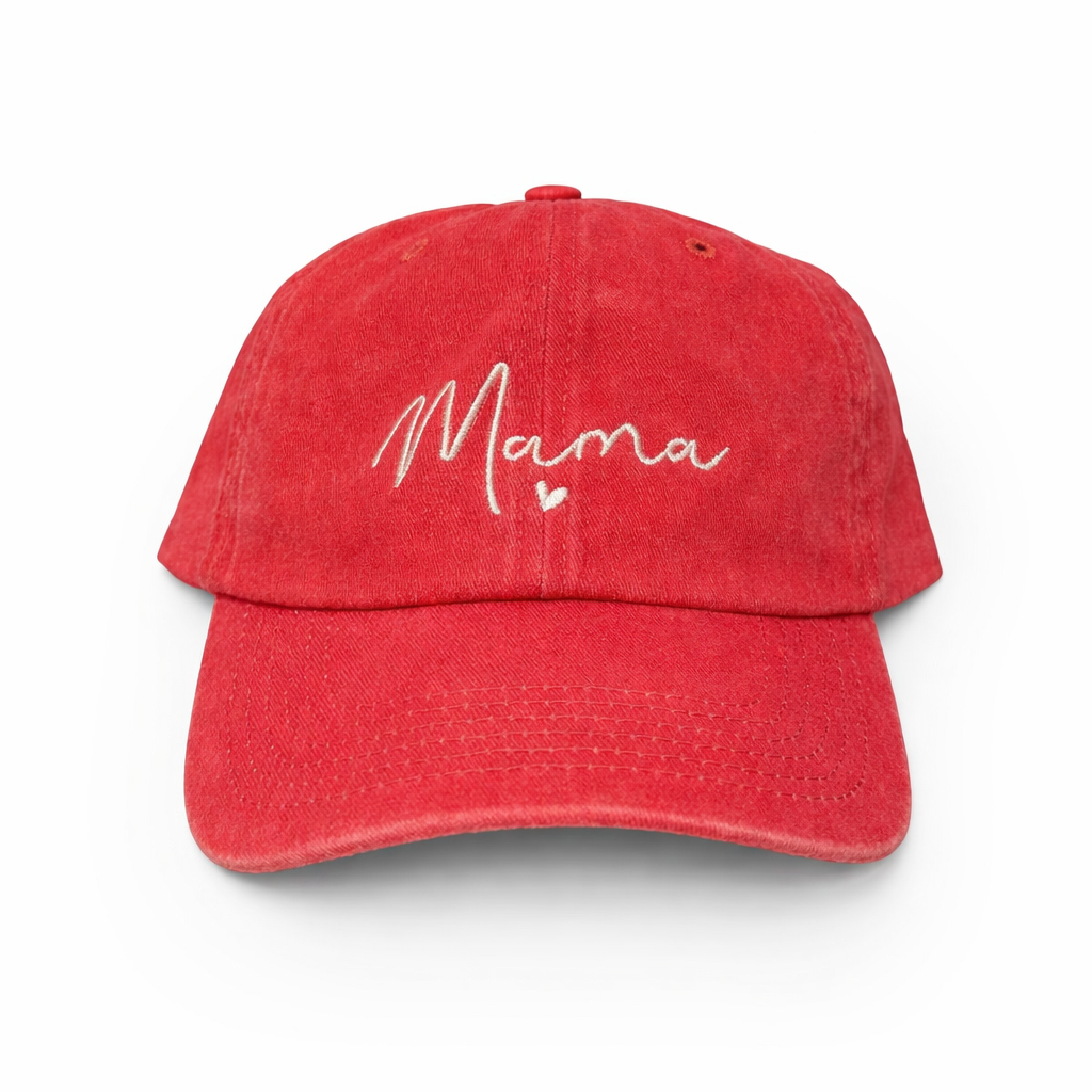 Red cap with 'Mama' embroidered on a white background