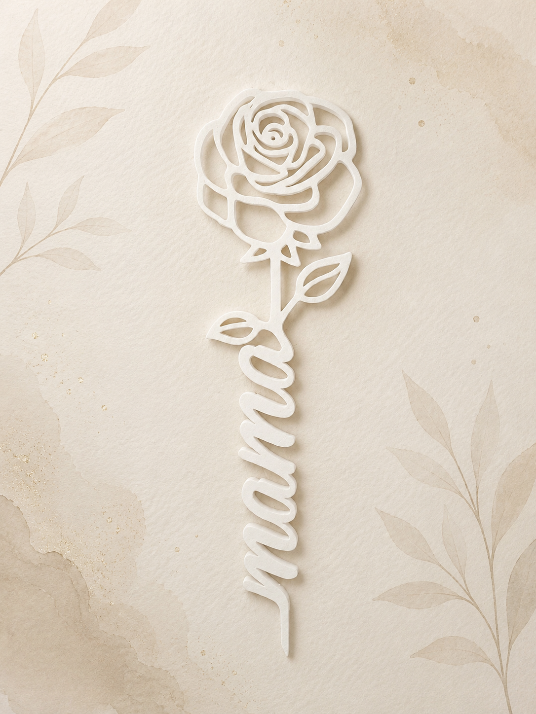 White rose-shaped mama bookmark displayed on a soft neutral watercolor background with delicate botanical details and elegant minimalist styling.