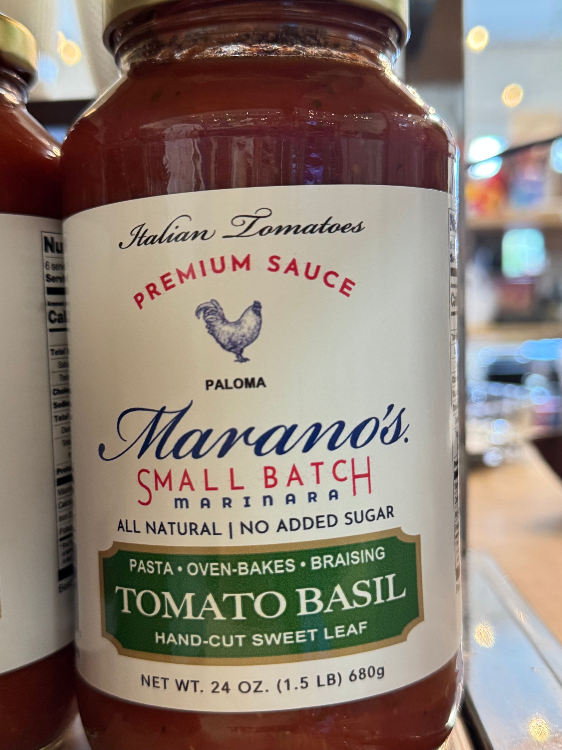 Bottle of Marano's Small Batch Marinara sauce with label