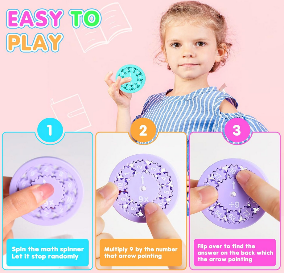Child holding a math spinner toy with instructional steps on a pink background