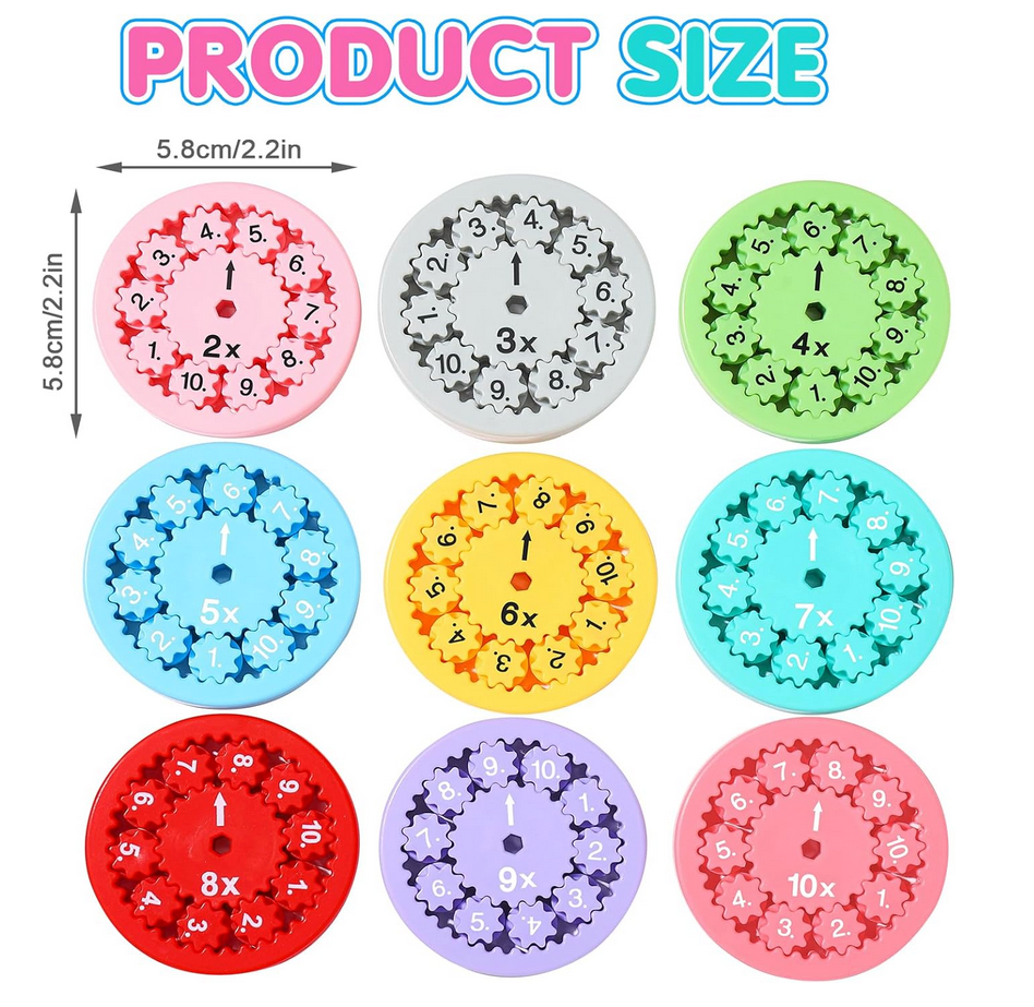 Colorful multiplication table clocks with product size measurement on a white background