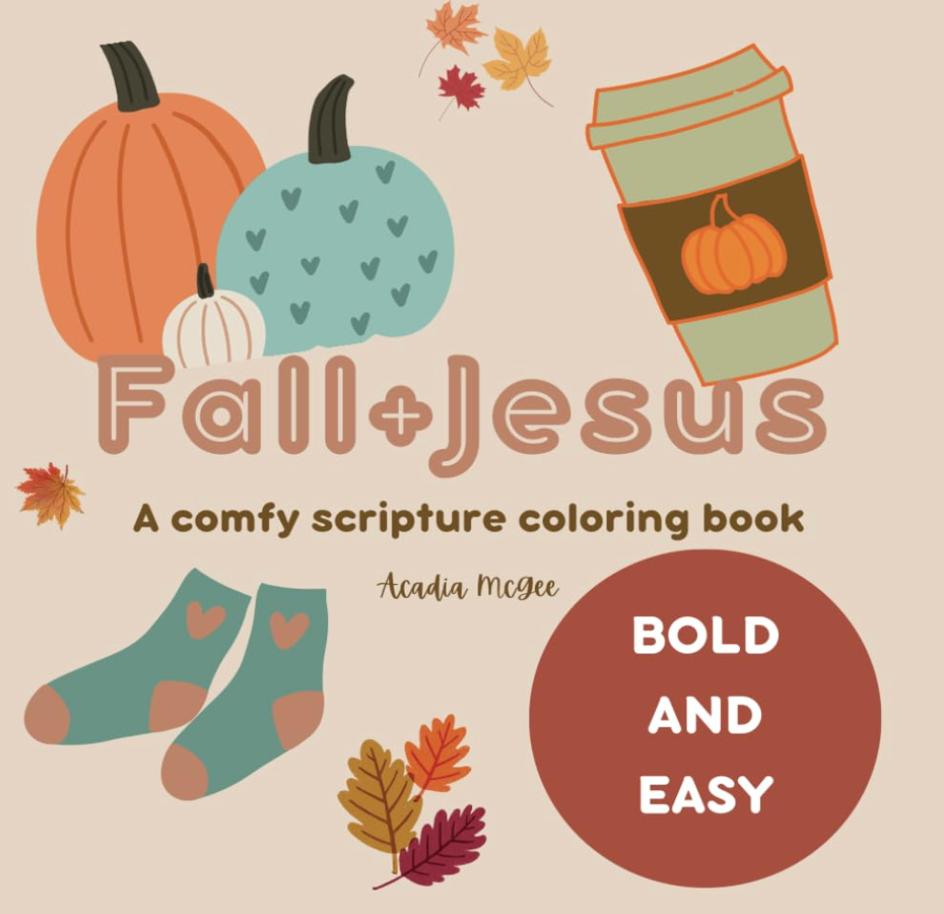 Cover of 'Fall + Jesus' coloring book with pumpkins, a coffee cup, and leaves on a beige background.