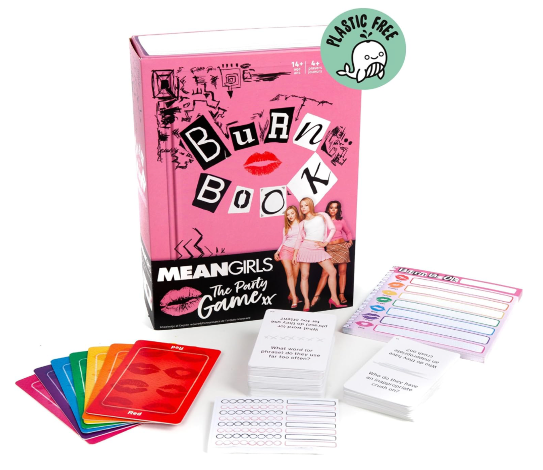Contents of the Mean Girls Burn Book party game including cards, score sheets, and colorful player components.