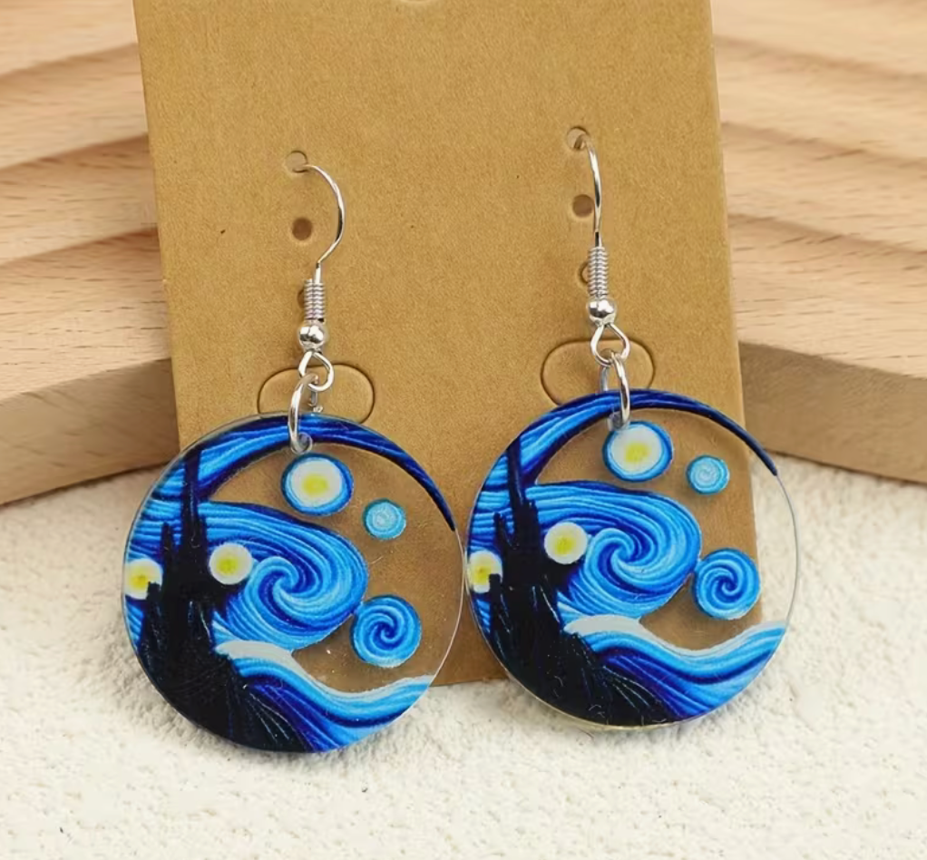 Medieval castle and starry night acrylic earrings with swirling celestial blue artwork