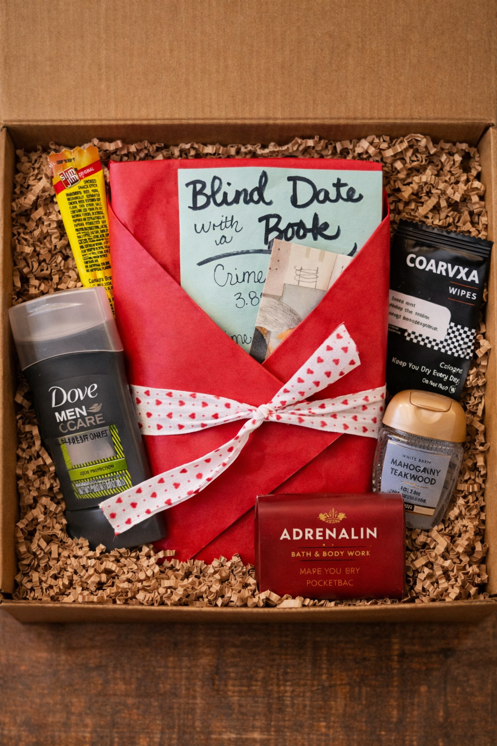 Gift box with personal care items and a book titled 'Blind Date with a Crime'.