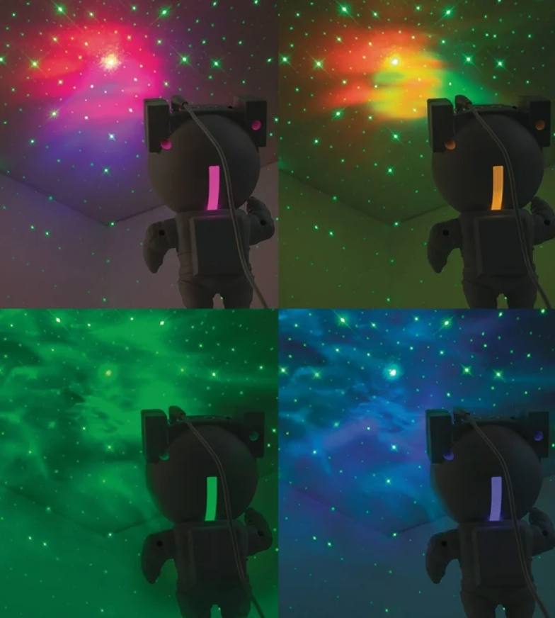 Four-view collage of the Merkury astronaut galaxy light projector showing different nebula color modes with green star projections on the ceiling and walls.