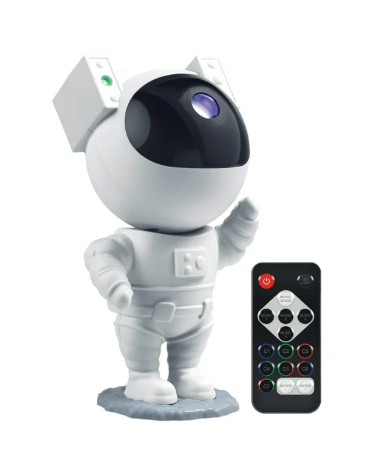 Merkury astronaut galaxy light projector with remote control, white astronaut night light shown on a white background for kids bedroom and space themed decor