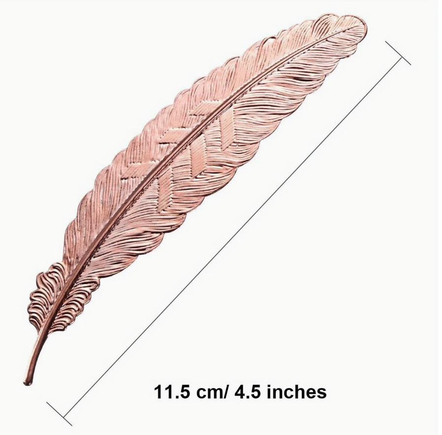 Metal bookmark shaped like a feather with a sleek, antique finish—perfect for readers and gift-giving.