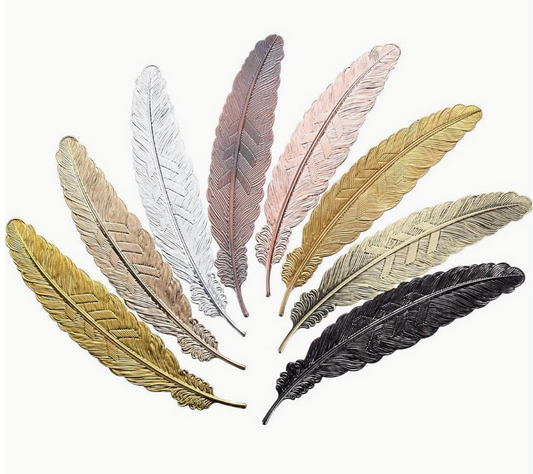 Metal bookmark shaped like a feather with a sleek, antique finish—perfect for readers and gift-giving.