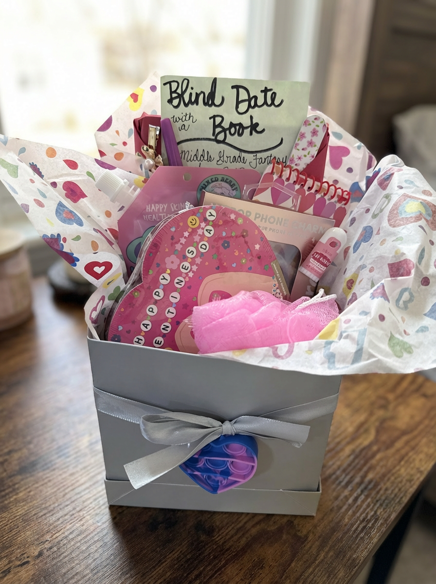 Gift basket with stationery items on a wooden surface