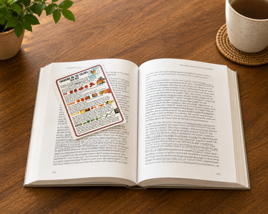 Mindfulness bookmark card featuring a color grounding exercise placed inside an open book on a wooden table beside a coffee mug
