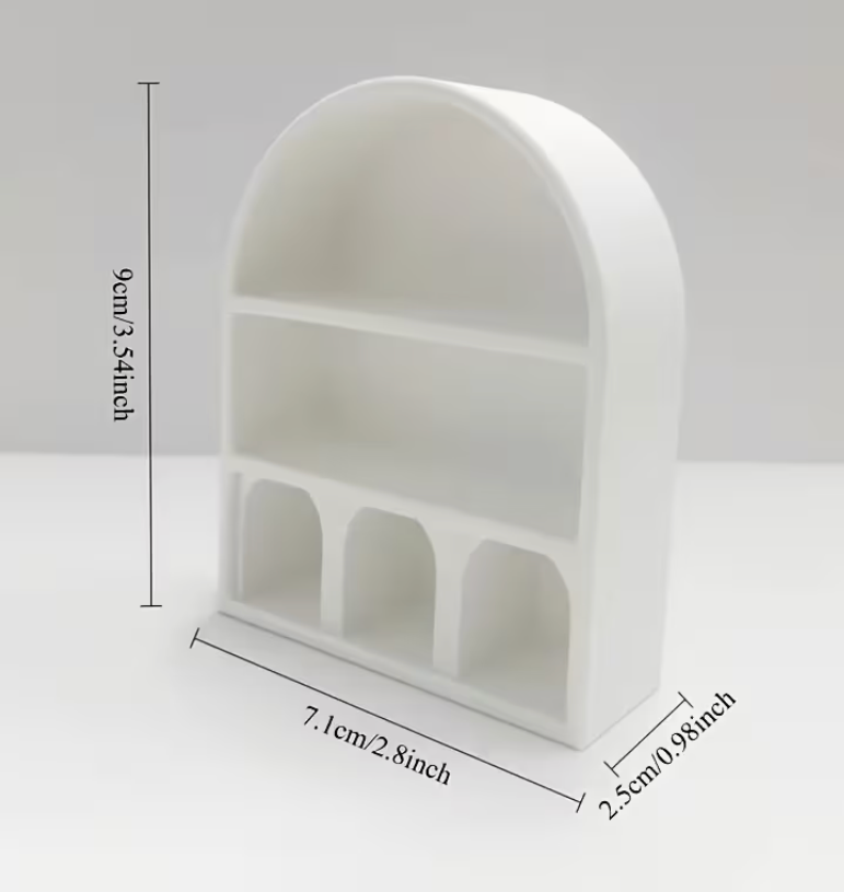 White miniature arched display shelf with six storage compartments for dollhouse accessories, tiny books, collectibles, and miniature décor.