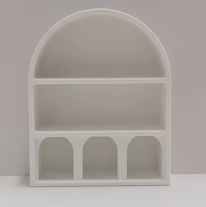 White miniature arched display shelf with six storage compartments for dollhouse accessories, tiny books, collectibles, and miniature décor.