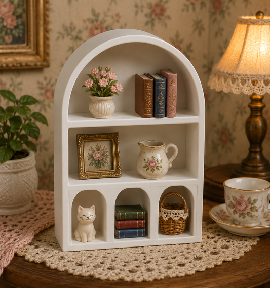 White miniature arched display shelf with six storage compartments for dollhouse accessories, tiny books, collectibles, and miniature décor.