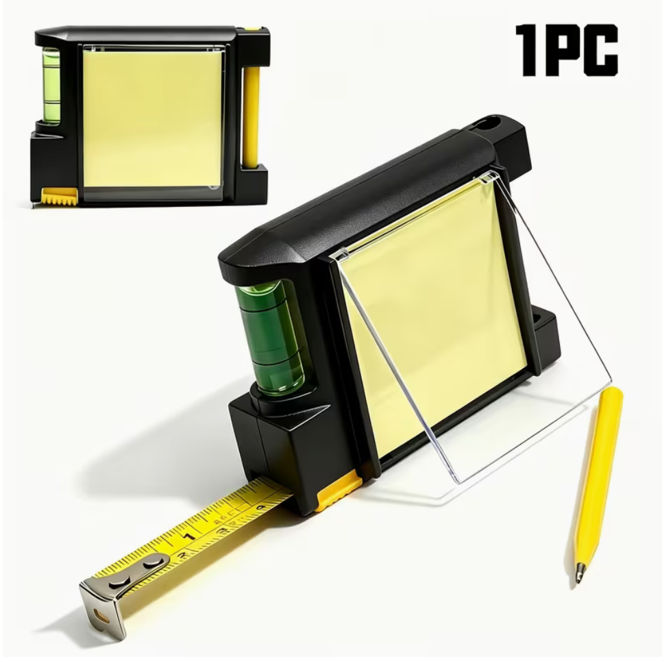 Black multi-function tool with retractable measuring tape, yellow memo pad, bubble level and mini pen