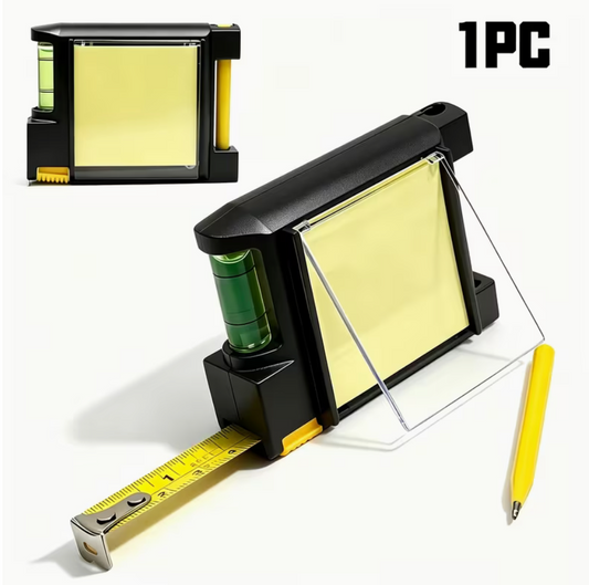 Black multi-function tool with retractable measuring tape, yellow memo pad, bubble level and mini pen