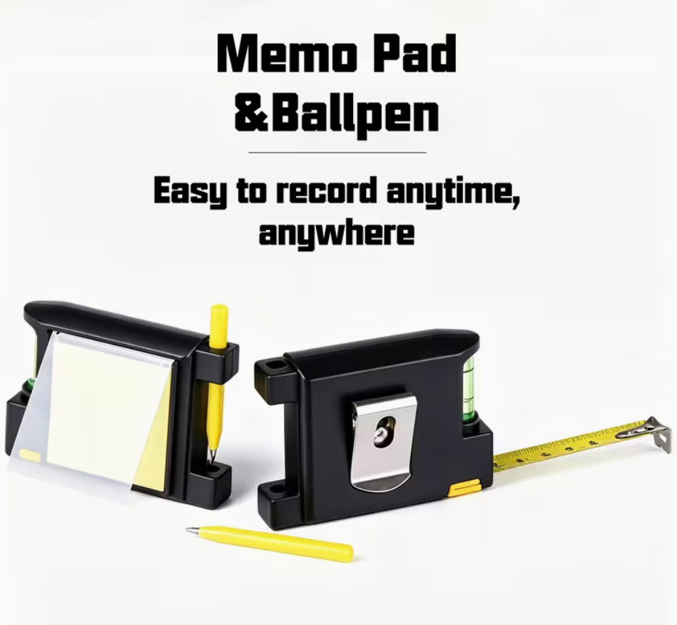 Compact 5-in-1 measuring tape tool with memo pad, mini ballpoint pen, bubble level and belt clip