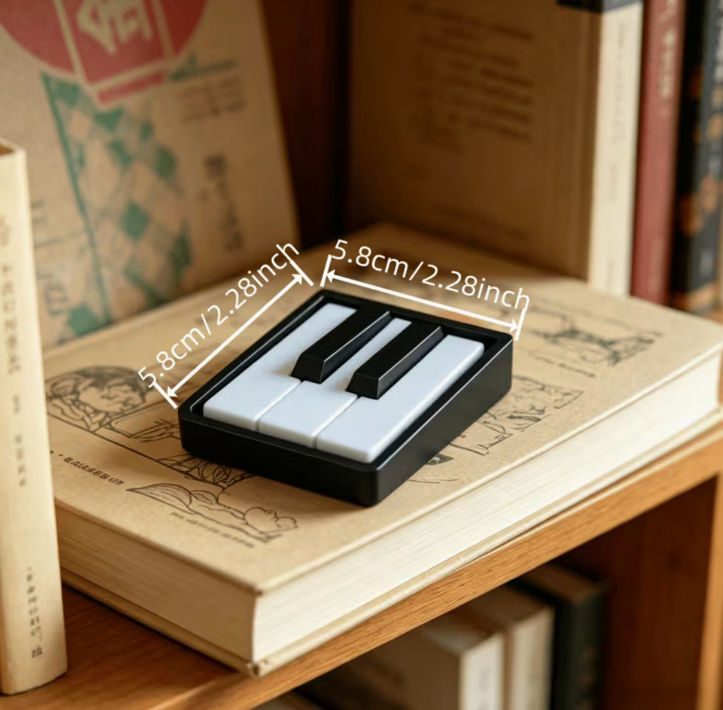 Mini piano key stress relief clicker resting on bookshelves with measurement details