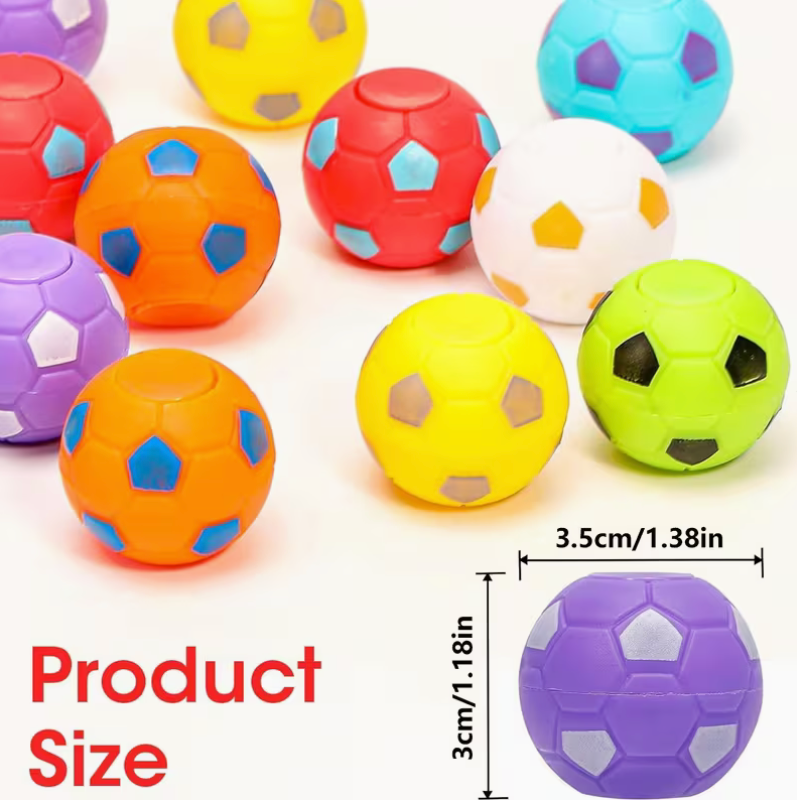A group of colorful soccer ball-shaped toys on a white background, with one purple ball shown at lower right with dimension labels reading 3.5cm/1.