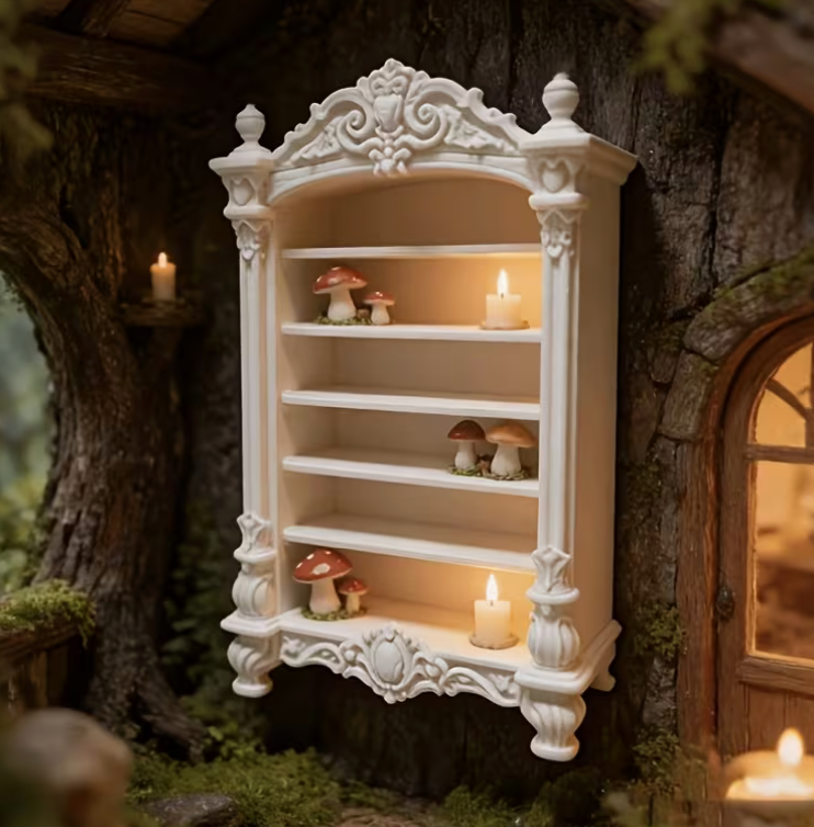 White miniature Victorian gothic bookshelf with ornate carved-style detailing and multiple shelves for dollhouse books and apothecary accessories