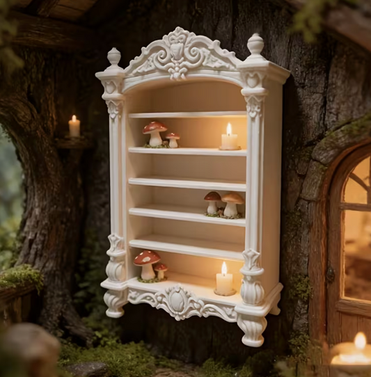 White miniature Victorian gothic bookshelf with ornate carved-style detailing and multiple shelves for dollhouse books and apothecary accessories