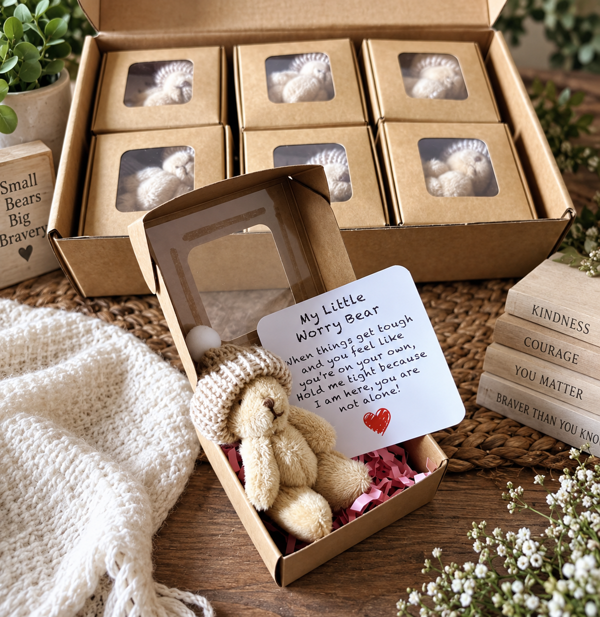 Mini Worry Bear Pocket Hug gift set with small teddy bear, knit hat, inspirational card and kraft gift box