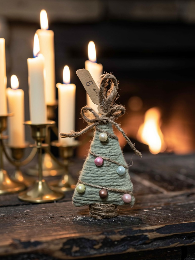 Small decorative Christmas tree with lights on a wooden surface in front of lit candles and a fireplace.