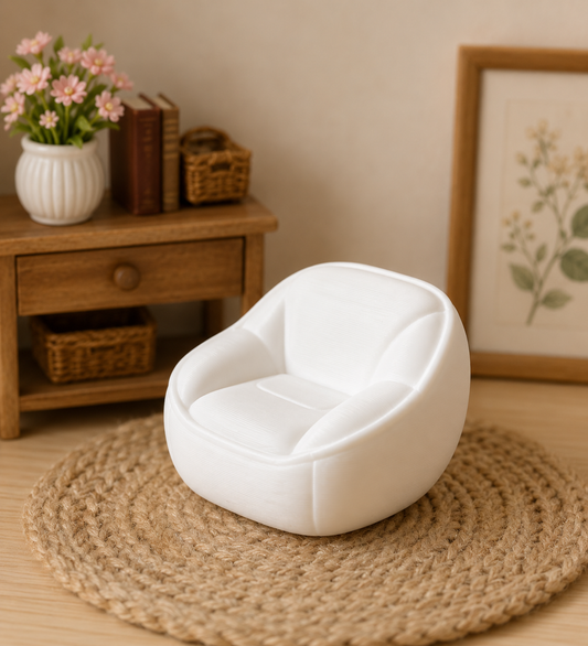 White miniature bean bag style chair for dollhouses, fairy gardens, dioramas, miniature room displays, and photography props.