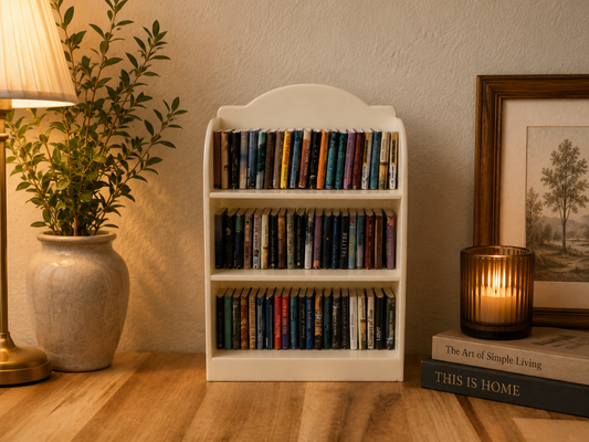 Small white bookshelf filled with books next to a potted plant and framed picture on a wooden floor.