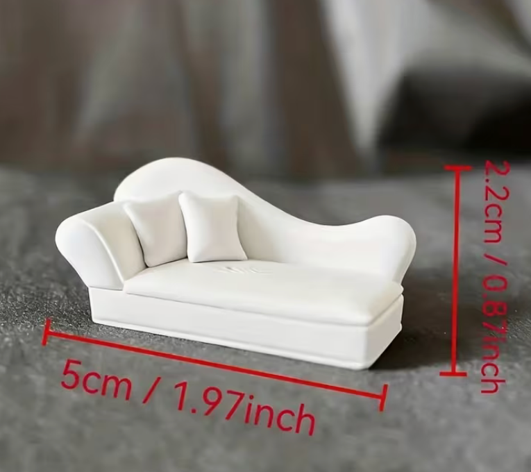 White 3D printed miniature French Victorian chaise lounge with accent pillows for dollhouses, dioramas, fairy gardens, and miniature room displays.
