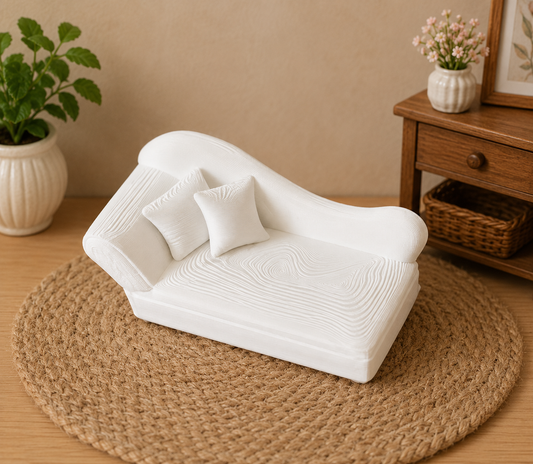 White 3D printed miniature French Victorian chaise lounge with accent pillows for dollhouses, dioramas, fairy gardens, and miniature room displays.