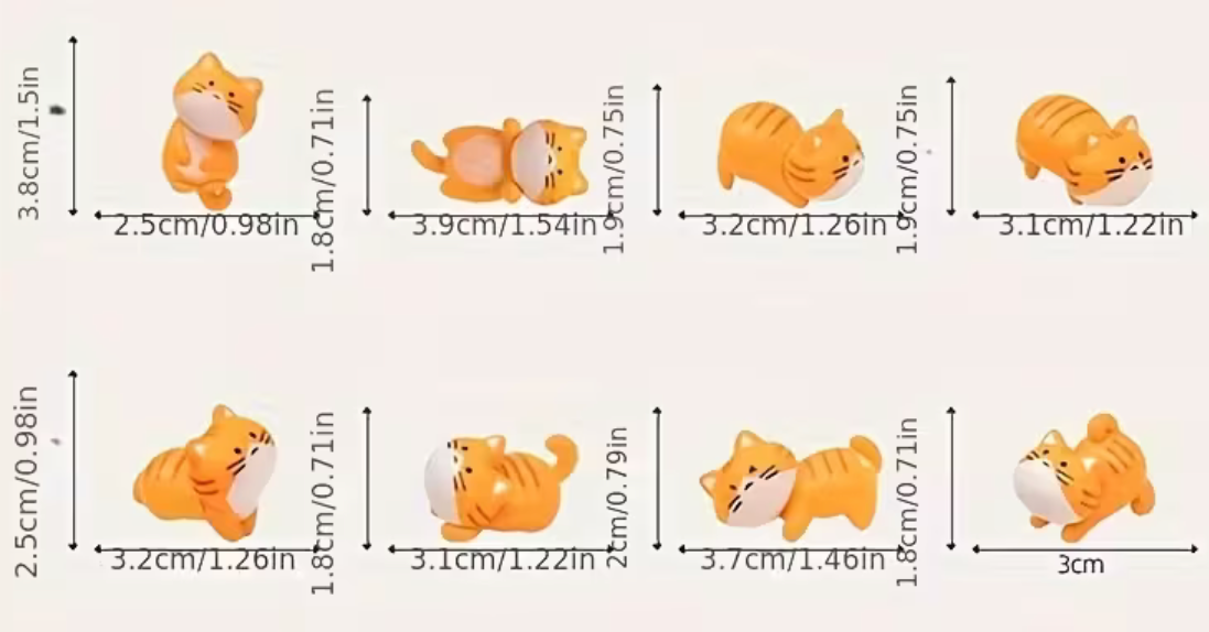 Size chart showing multiple miniature orange kawaii cat figurines with measurements in centimeters and inches for each pose
