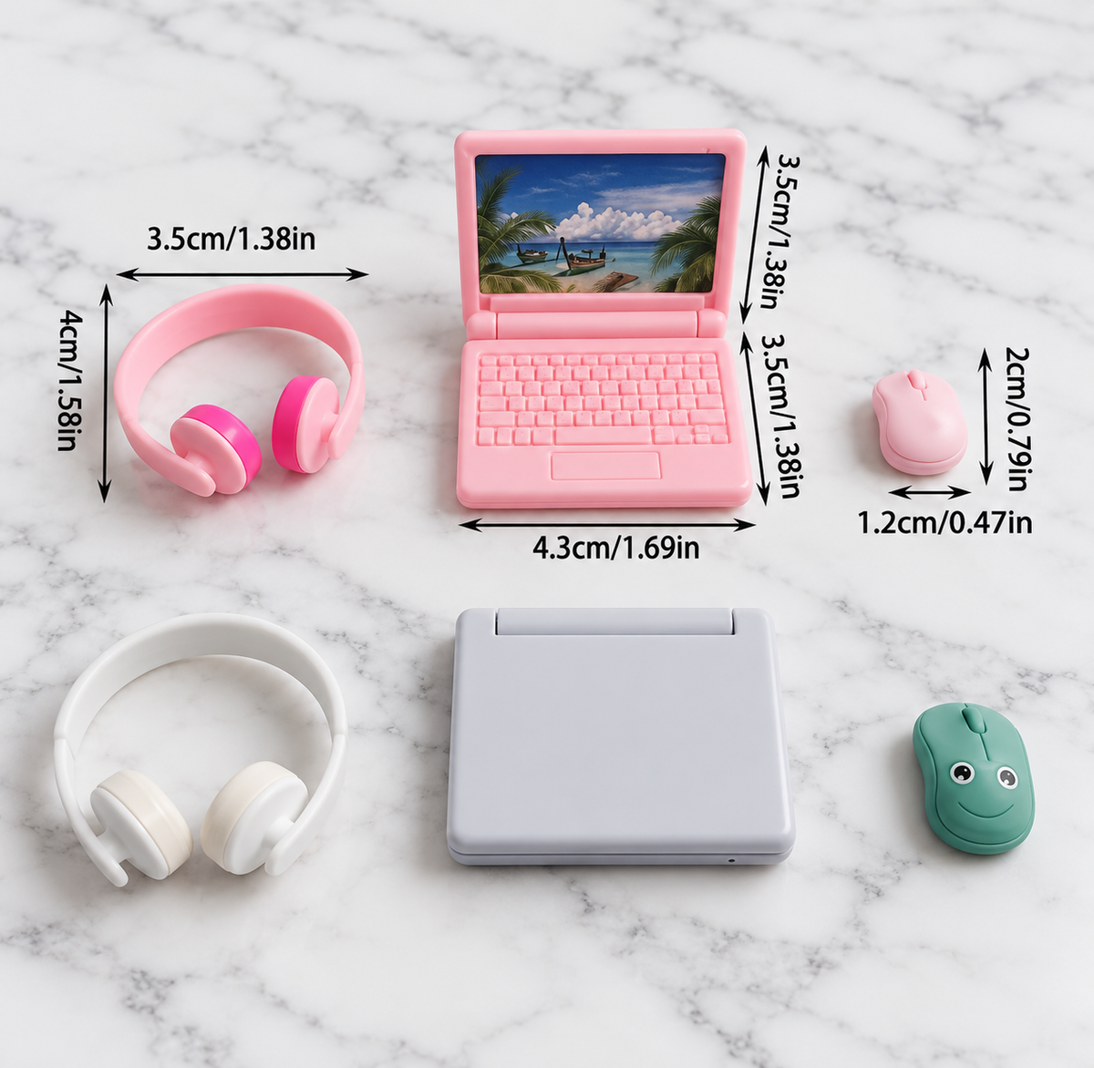 Miniature laptop headphones and mouse accessory set in pink and white