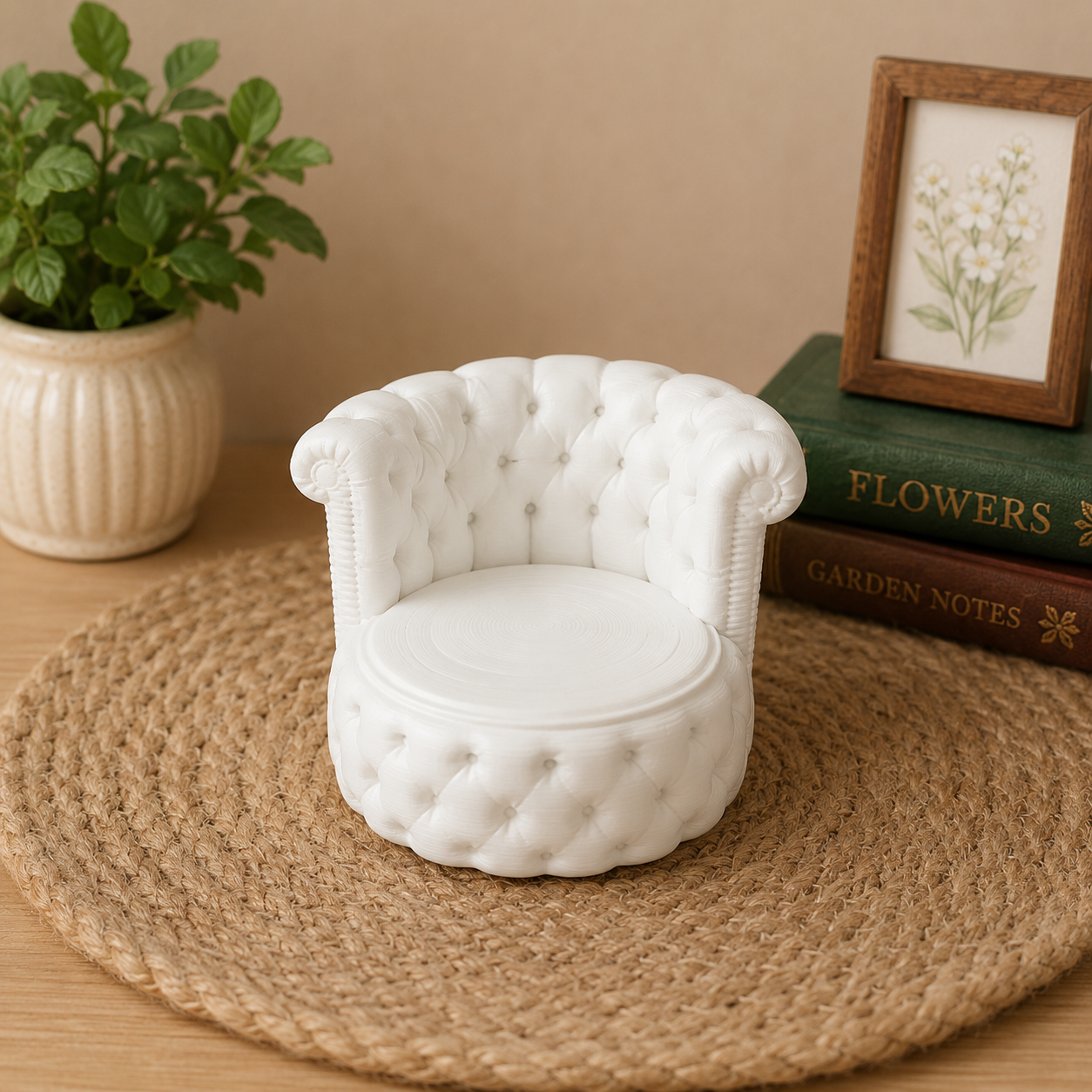 White tufted miniature accent chair for dollhouses, miniature living rooms, dioramas, fairy gardens, and decorative scene displays.