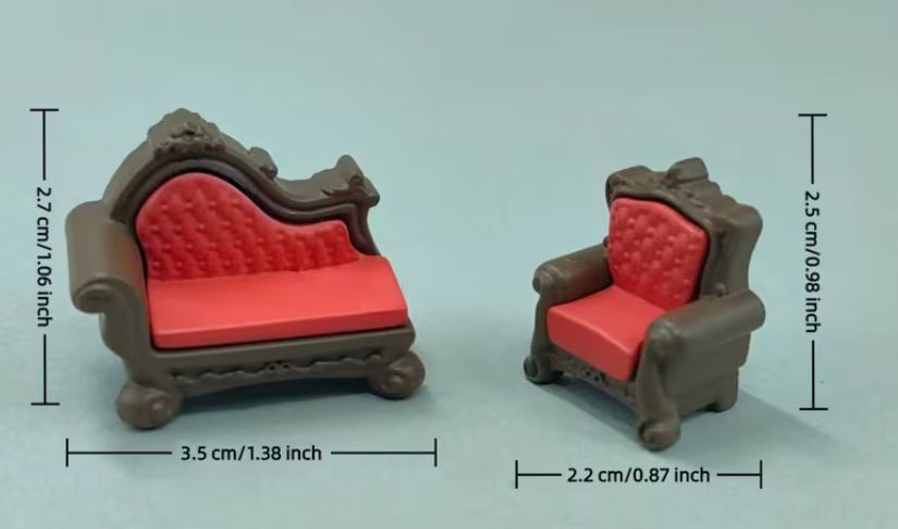 Two-piece vintage-style miniature Victorian sofa and armchair resin furniture set for dollhouses, fairy gardens, dioramas, and miniature displays.