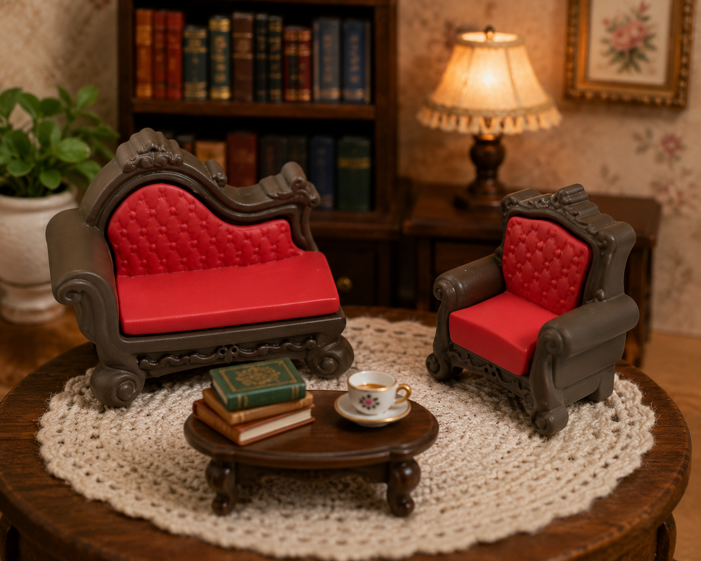 Two-piece vintage-style miniature Victorian sofa and armchair resin furniture set for dollhouses, fairy gardens, dioramas, and miniature displays.