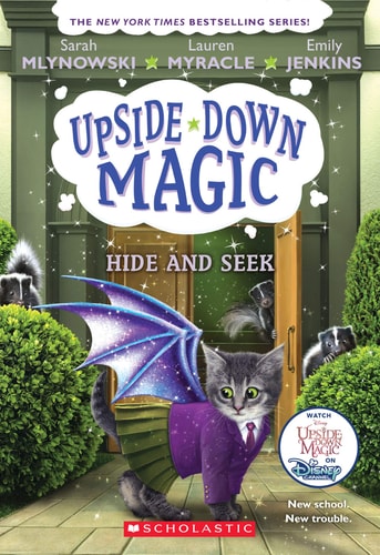 Book cover of 'Upside-Down Magic: Hide and Seek' with a cat and dragon illustration.