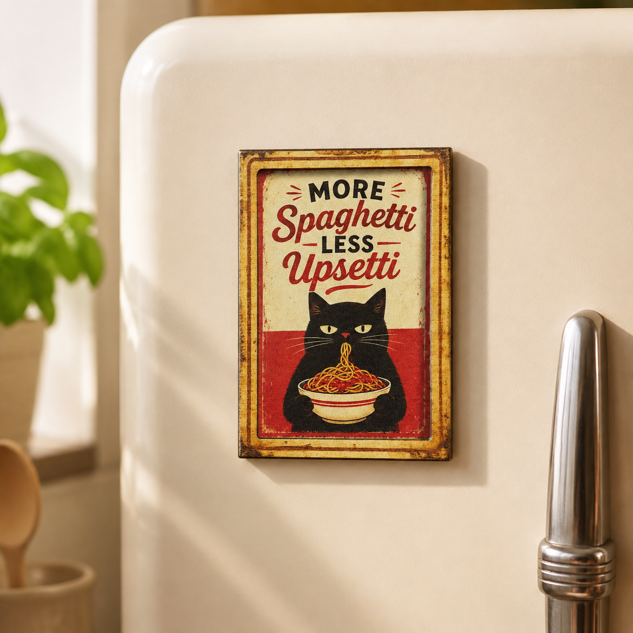 More Spaghetti Less Upsetti vintage-style magnet featuring a black cat eating a bowl of spaghetti