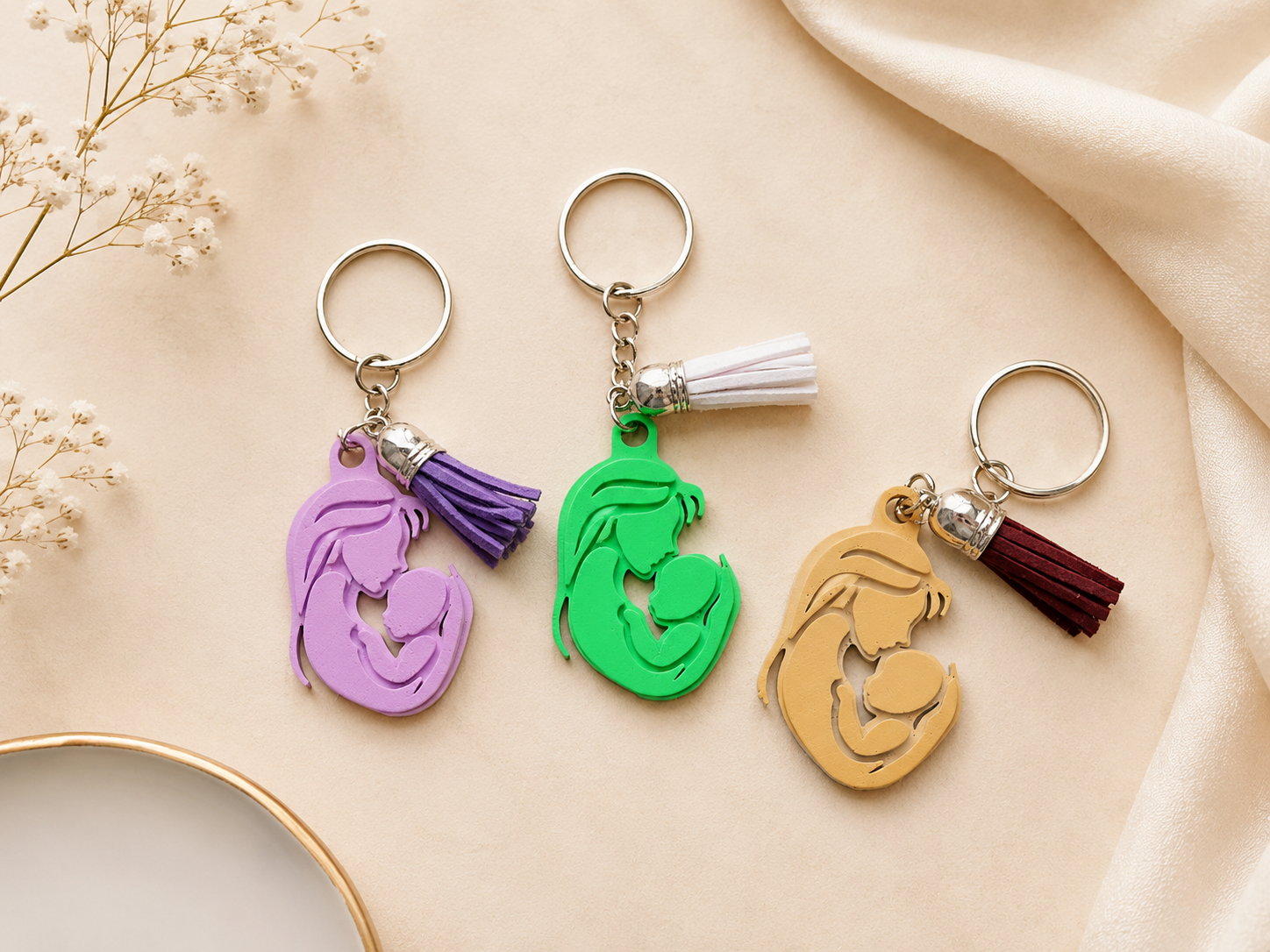 Colorful mother and baby silhouette keychains with tassels arranged on an elegant neutral flat lay background with soft floral accents and satin fabric