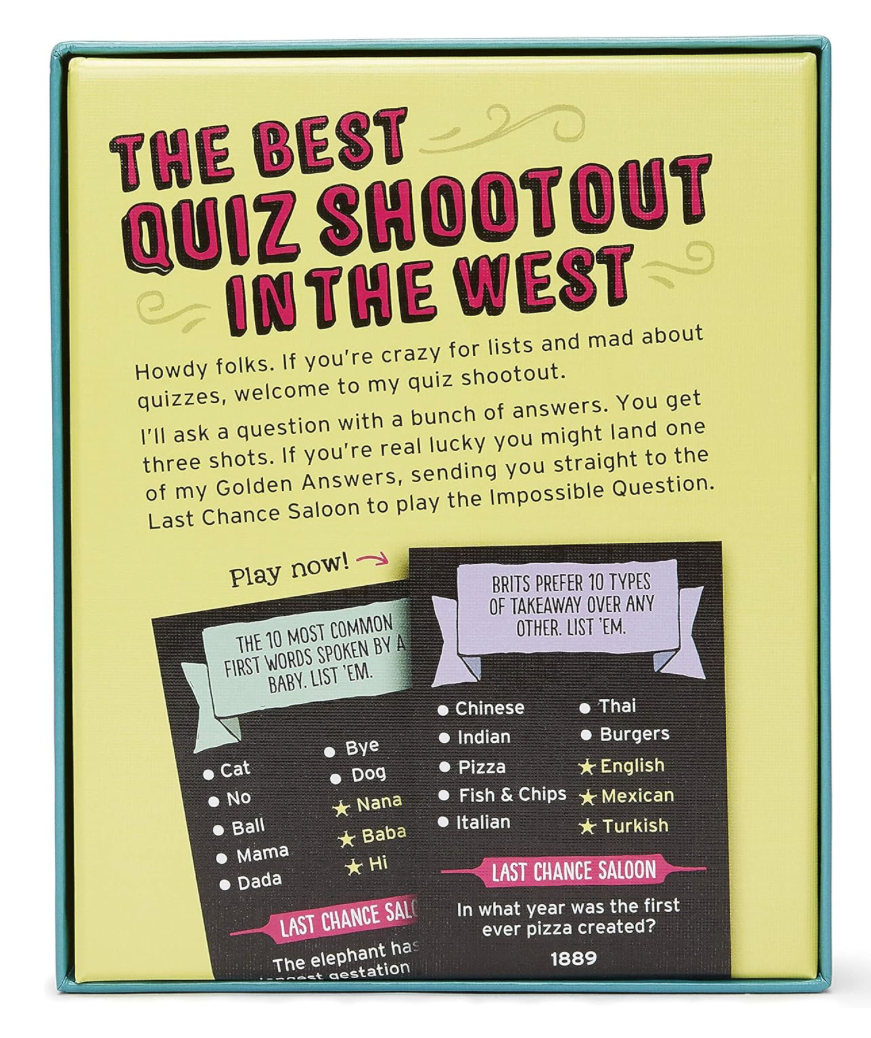 Back of Mr. Lister's Quiz Shootout game box showing gameplay instructions and sample questions.
