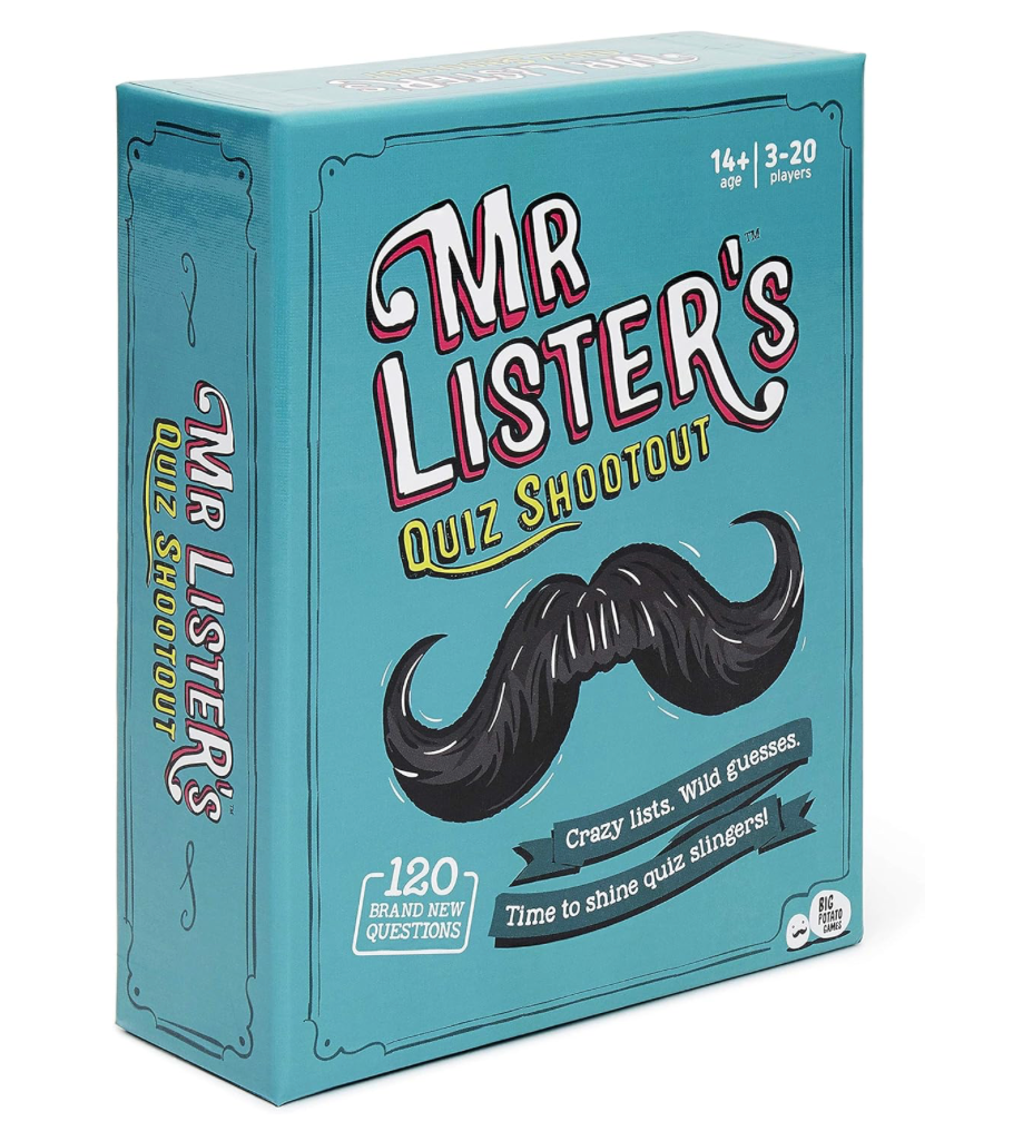 Mr. Lister's Quiz Shootout party game by Big Potato Games featuring trivia and list-making challenges.