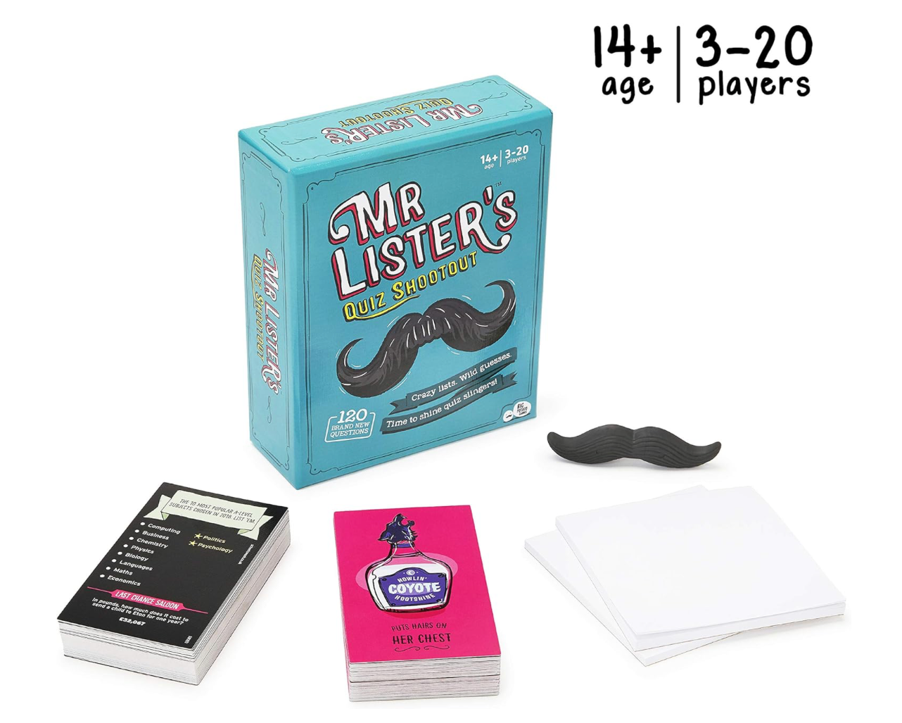 Contents of Mr. Lister's Quiz Shootout including question cards, answer pads, and mustache prop.