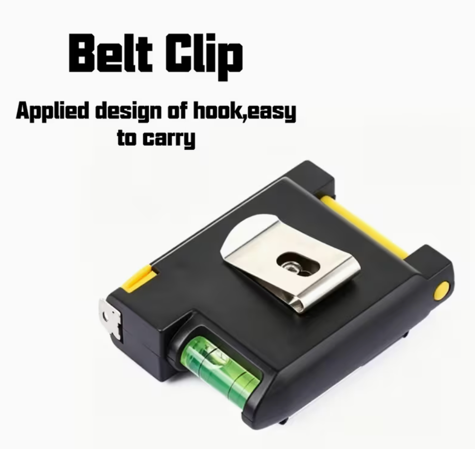 Back of mini multi-function measuring tool showing metal belt clip and built-in bubble level