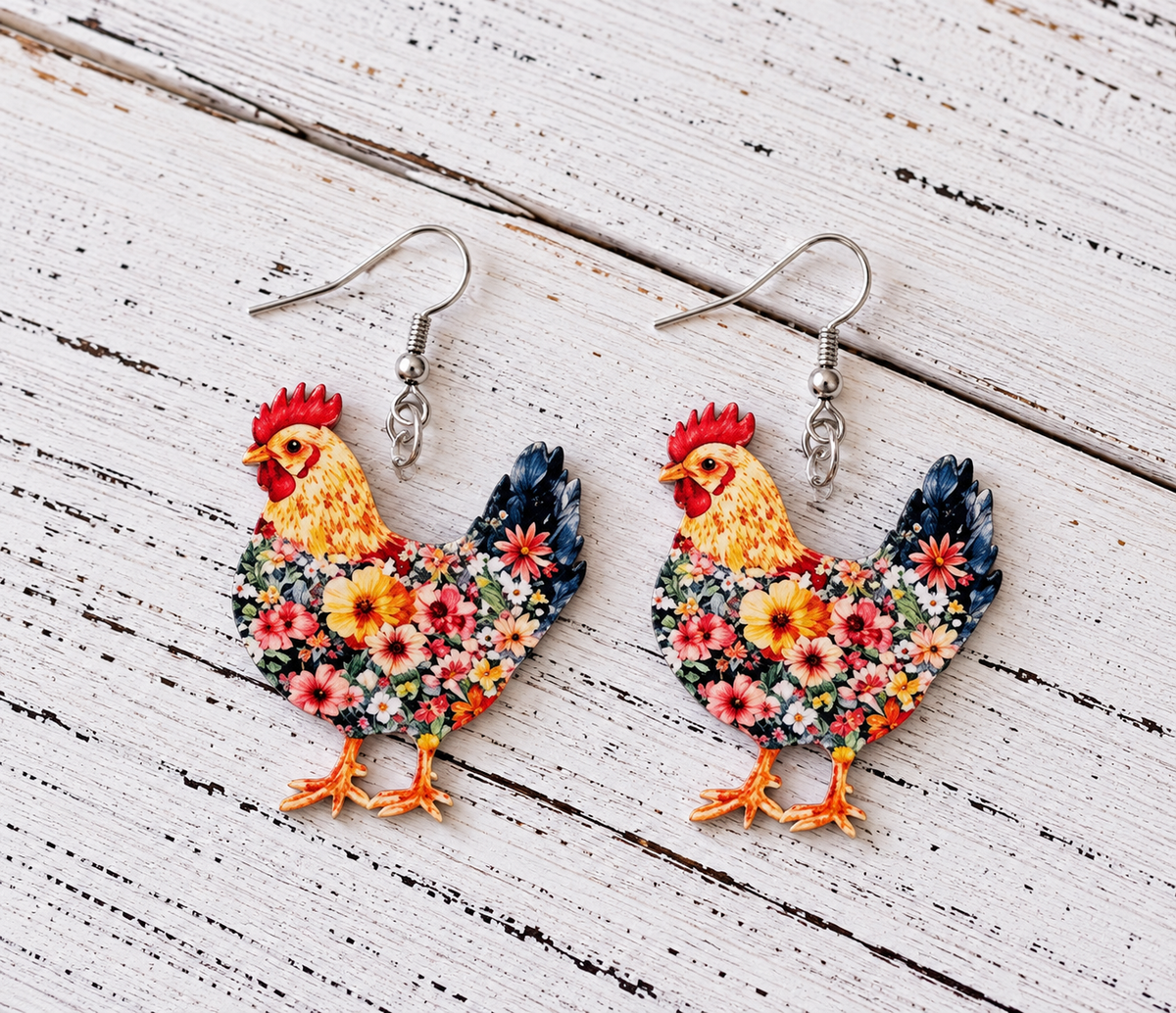 Multicolor floral chicken acrylic dangle earrings with silver-tone fishhook ear wires